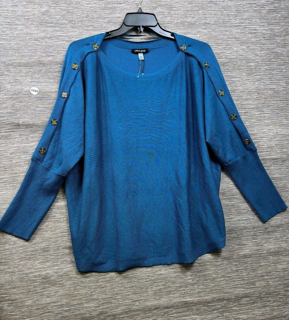 Cable & Gauge Sweater Womens 3X Blue Button Shoulder Boat Neck Dolman Knit Plus